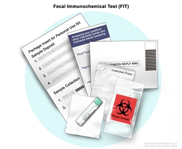Fecal immunochemical test (FIT); drawing shows a FIT kit, which includes the package insert, the collection paper, and a collection tube with a small brush inside of it. Also shown are the biohazard bag, the return envelope, and a paper with information about colorectal cancer and colorectal cancer screening.