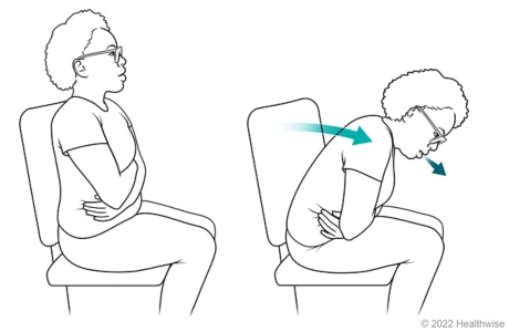 Self-assisted cough, showing person sitting in chair with arms wrapped around belly and body bent forward.