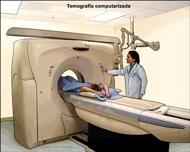 Tomografía computarizada (TC) del abdomen; en la imagen se observa un paciente en una camilla que se desliza hacia la máquina de TC que toma imágenes radiográficas del interior del cuerpo.