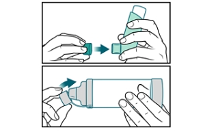 Person replacing caps on inhaler and spacer.