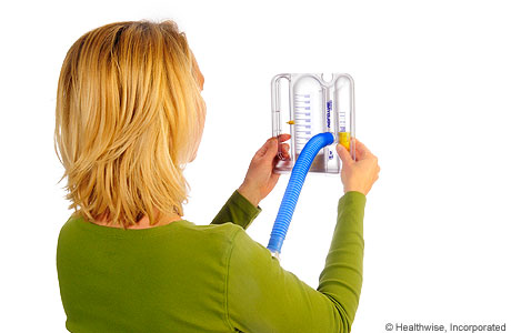 Person holding the spirometer level and out in front of her face