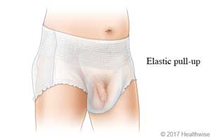 Pull-up adult underwear with wide elastic band, with view of penis positioned down