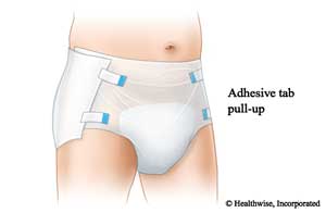 Pull-up adult underwear with adhesive tabs on each side
