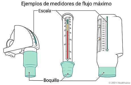 Tres tipos de medidores de flujo máximo, donde se muestra la boquilla y la escala numerada en cada uno.