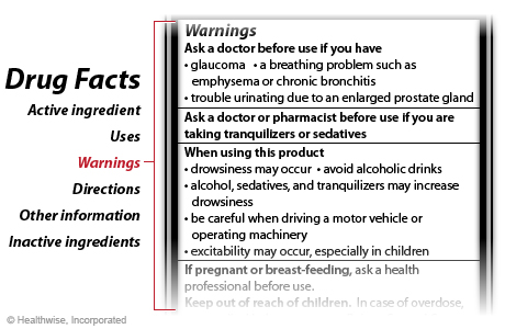 Ejemplo de la sección de Advertencias de una etiqueta de información sobre medicamentos de venta libre