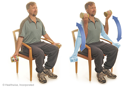 Seated exercise: Arm curls with soup cans.
