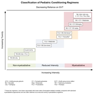 Chart showing selected preparative regimens frequently used in pediatric HCT categorized by current definitions as non-myeloablative, reduced-intensity, or myeloablative.
