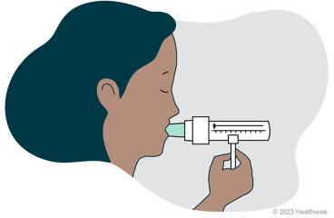 A person with a peak flow meter mouthpiece in their mouth.