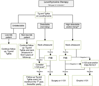 Flowchart showing the follow-up of children with differentiated thyroid carcinoma who achieved complete remission after initial treatment with total thyroidectomy and I-131.