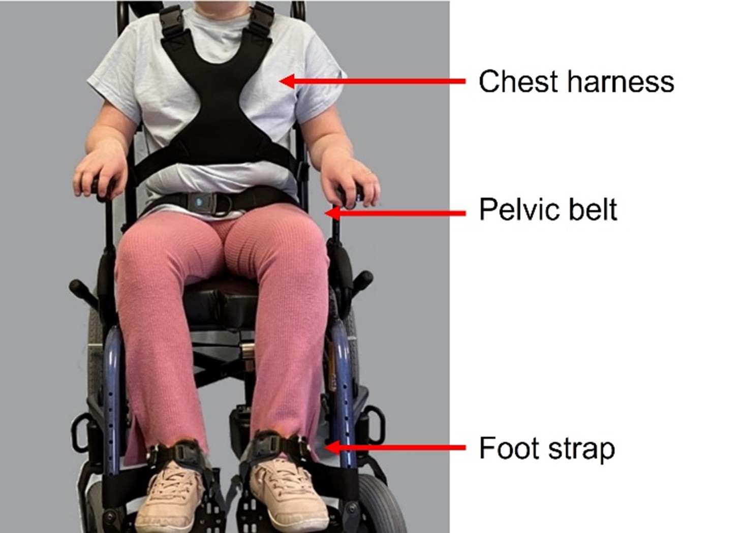 child in wheelchair with straps in place