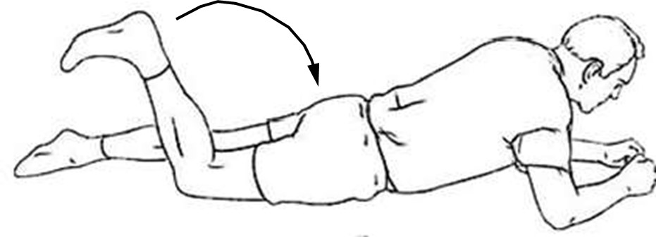 person lying on stomach bending knee towards buttocks