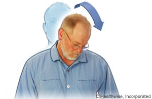 Diagonal neck stretch to ease neck fatigue.