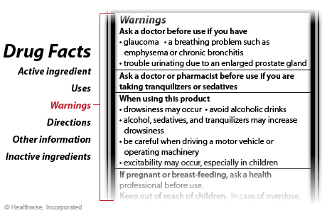 Example of the Warnings section of an over-the-counter Drug Facts label Example of the Warnings section of an over-the-counter Drug Facts label