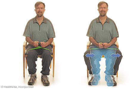 Seated exercise: Knee presses with elastic bands. Seated exercise: Knee presses with elastic bands.