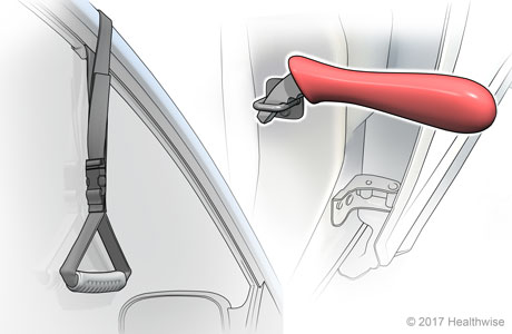 Placement of strap on top of car door window frame and grab bar in latch on car body door frame. Placement of strap on top of car door window frame and grab bar in latch on car body door frame.