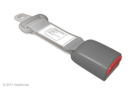 Seat belt extender with latch on one side, small belt in the middle, and buckle with release button on the other side. Seat belt extender with latch on one side, small belt in the middle, and buckle with release button on the other side.