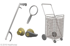 Grabbing tool, doorknob extender, hand mirror with padded handle, wheeled cart. Grabbing tool, doorknob extender, hand mirror with padded handle, wheeled cart.