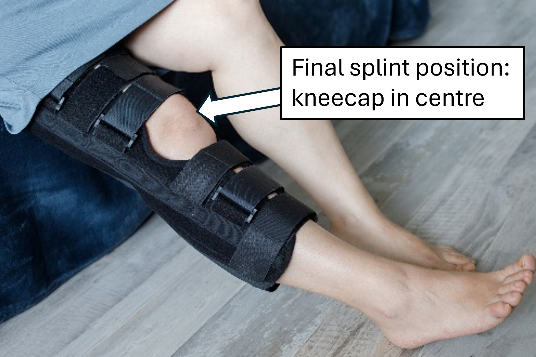 knee immobilizer on extended right leg showing kneecap in centre