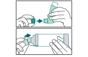 Person replacing caps on inhaler and spacer.