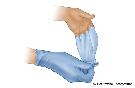 Start at the cuff and pull the glove off so that it turns inside out.