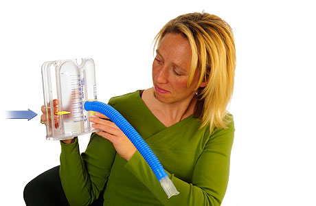 A person moving the slider on a spirometer. A person moving the slider on a spirometer.