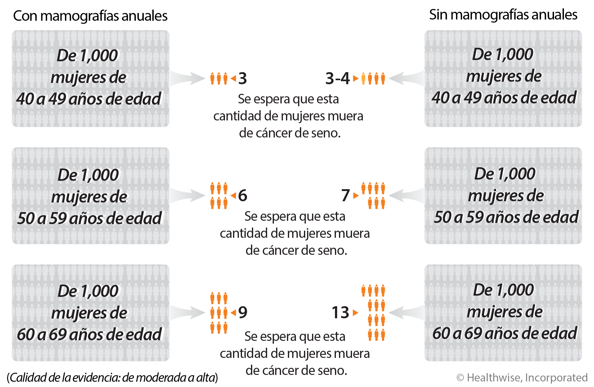 En mujeres que se hacen una mamografía todos los años durante 10 años en comparación con aquellas que no se hacen mamografías, aproximadamente 3 de cada 1,000 mujeres de edades entre los 40 y los 49 años morirán de cáncer de seno en comparación con entre 3 y 4 que no se hacen mamografías; aproximadamente 6 de cada 1,000 mujeres de edades entre los 50 y los 59 años que se hacen mamografías morirán de cáncer de seno en comparación con aproximadamente 7 que no se hacen mamografías; y aproximadamente 9 de cada 1,000 mujeres de edades entre los 60 y los 69 años que se hacen mamografías morirán de cáncer de seno en comparación con 13 que no se hacen mamografías.