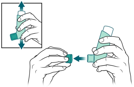 Person shaking inhaler and removing its cap.