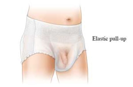 Pull-up adult underwear with wide elastic band, with view of penis positioned down